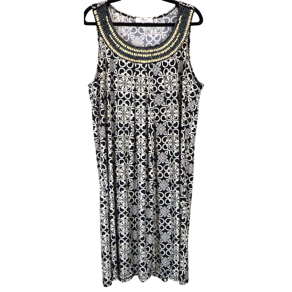 ilu ilu Sleeveless Dress Beaded Neck Black Cream Moroccan Geometric Ikat Plus 2X